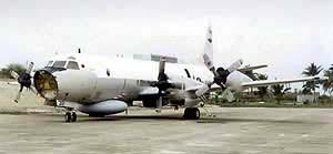HAINAN ISLAND, China--The downed EP-3 Aries, minus its nose and parts of some propeller blades, at Lingshui Airfield June 18. U.S. Pacific Command began operations June 13 to return the damaged U.S. Navy EP-3 surveillance plane to the United States.